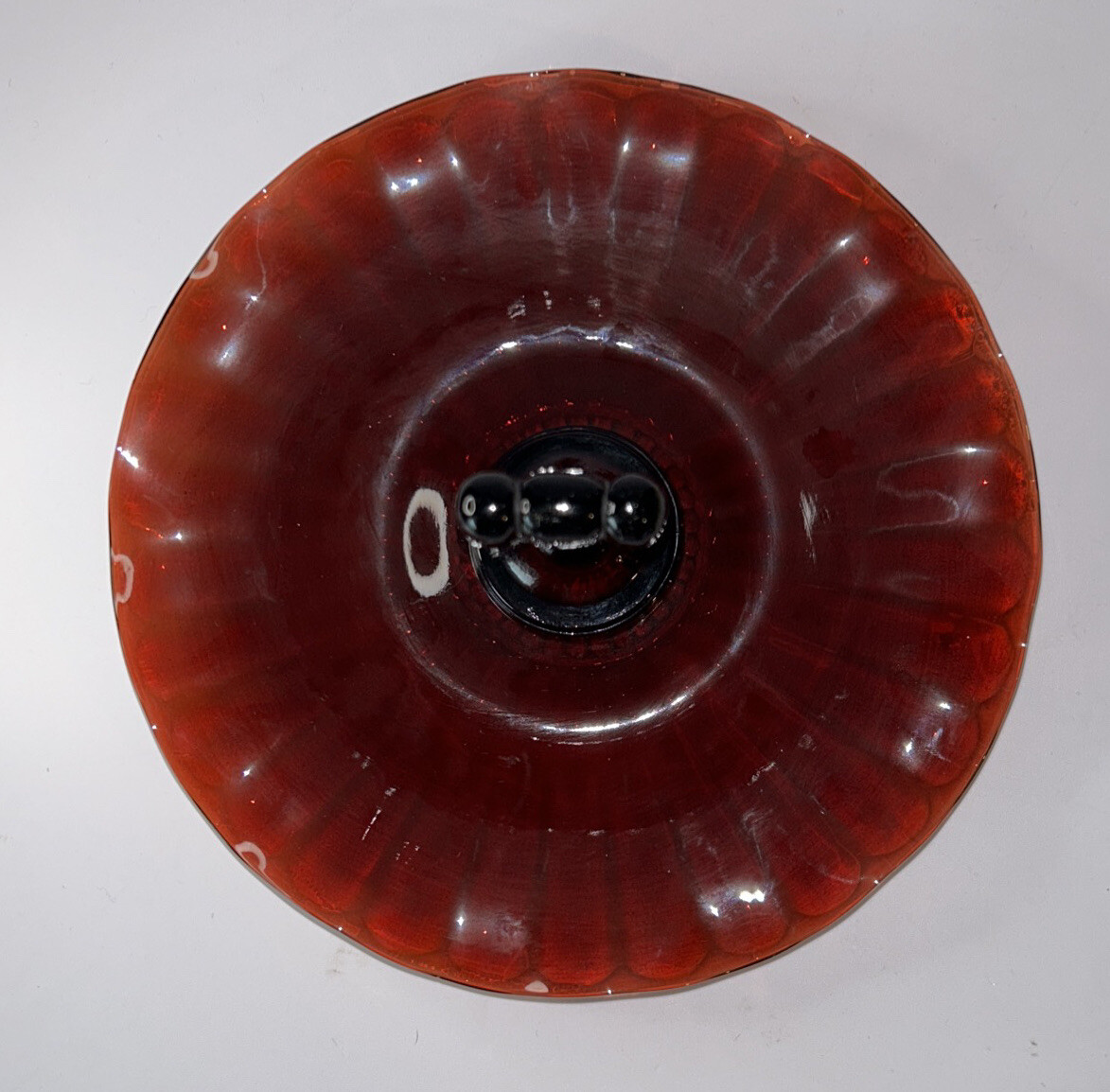 Red. Amberina Glass Tidbit Tray. Ruffled. Handled. Dish. Plate. Candy. MCM 7”