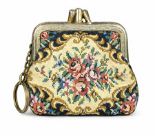 Vintage Needlepoint Coin Purse Floral Tapestry Kiss Lock Key Ring Hong Kong