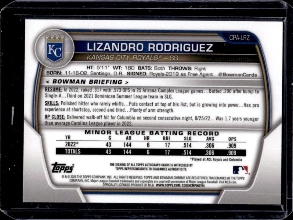 2023 Bowman Lizandro Rodriguez Chrome Auto 1st Prospect #CPA-LRZ Royals - Image 2 of 2