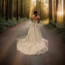 White Floral Lace Beaded Train with Veil Embroidered Wedding Gown Size 10