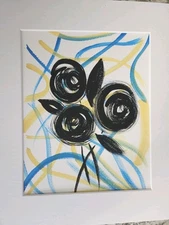 Painting Abstract Black Flowers Original Art 11” x 14 Matted Original By Maxwell