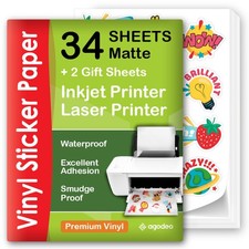 Premium Printable Vinyl Sticker Paper for Inkjet Printer - 34 Sheets Self-Adh...