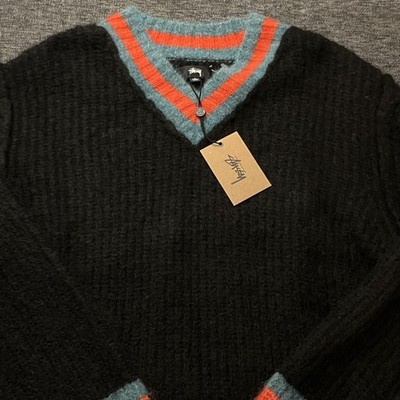 Stussy Mohair Tennis Sweater Mens Large Black V Neck Knit Pullover