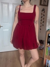 Cider red velvet bubble hem skirt bows square neck mini dress sleeveless