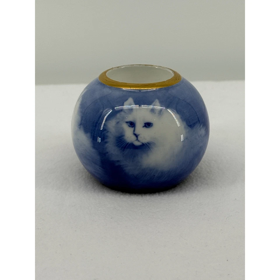 Plato de baratija de cerámica japonés Otigari vintage blanco cara de gato persa borde dorado Foto 3 de 4