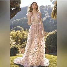 Pronovias Neptuna Tulle halter unique wedding Dress Ivory Pink Green Size 14