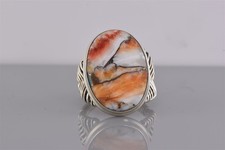 Sterling Silver Oval Orange White Agate Statement Wrapped Band Ring 925 Sz: 9