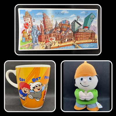 Set Tasse Mainzelmännchen 2003 Kaffee Becher ZDF Kaffeebecher P:OS + Plüsch
