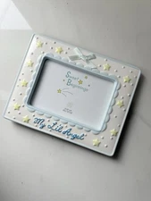 Russ Porcelain Baby Boy Photo Frame Fits 3.5”x 5” “My Lil’ Angel” STARS BOW NEW
