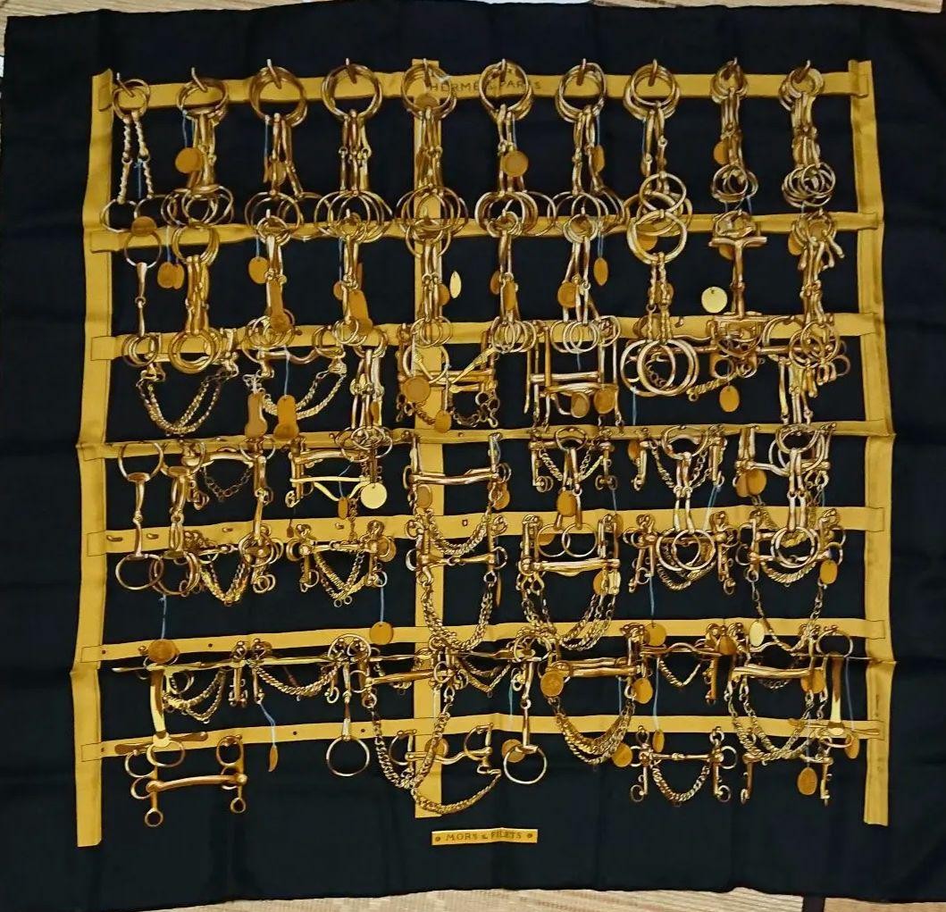 HERMES 90cm Mors Filets Silk Scarf in Black and Gold