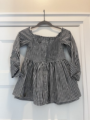#ad Central Park West Off the Shoulder Medium Black White Plaid Top Gingham $22.06
