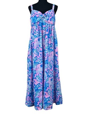 Lilly Pulitzer NWOT Azora Blue Pink Floral Cotton Midi Sundress Dress Size 12