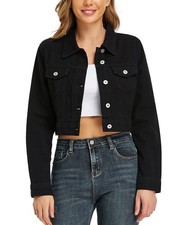 Women s Cropped Jean Denim Jacket Button Down Long Sleeve with Pockets Black ...