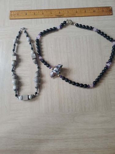 Vintage Black Onyx, Rose Quartz, Amethyst Statement Necklace + Marble Necklace!