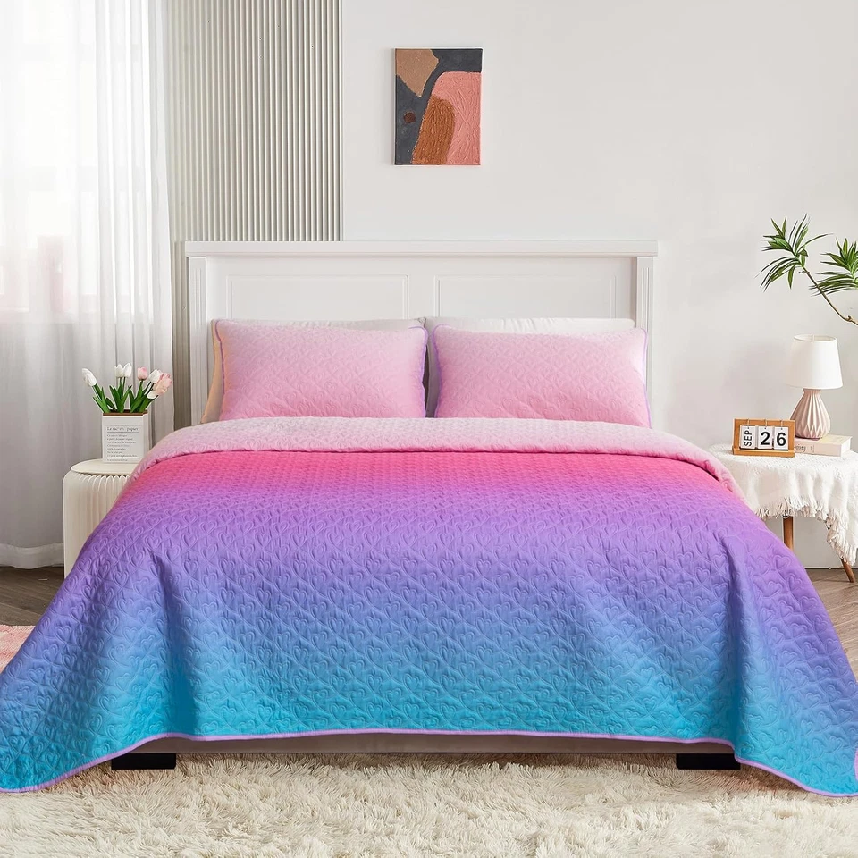 Juego de cama de edredón doble rosa para niñas colcha con patrón de corazón con funda de almohada Foto 2 de 4