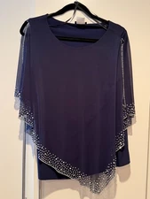 MSK Womens Slit Shoulder Navy Blue Holiday  Blouse W/ Pearl & Rhinestones