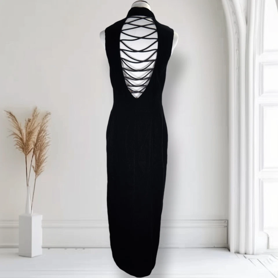 Vintage 90s Black Velvet Evening Dress 12 Backless Strap Detail Formal Gown - Image 4 of 4