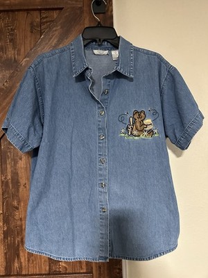 Vintage Kenneth Too! Women Denim Embroidered Teddybear Honeypatch Button Down L