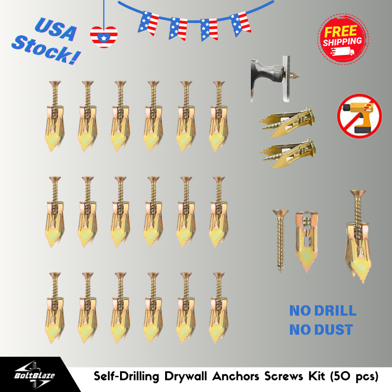50Pcs Zinc-Plated No-Drill Drywall Anchors Kit with Self-Tapping Screws