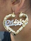 14K Gold Overlay Personalized Name Heart Bamboo Earrings 2 inches /au1