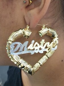 earrings 14k gold bamboo heart name overlay inches personalized