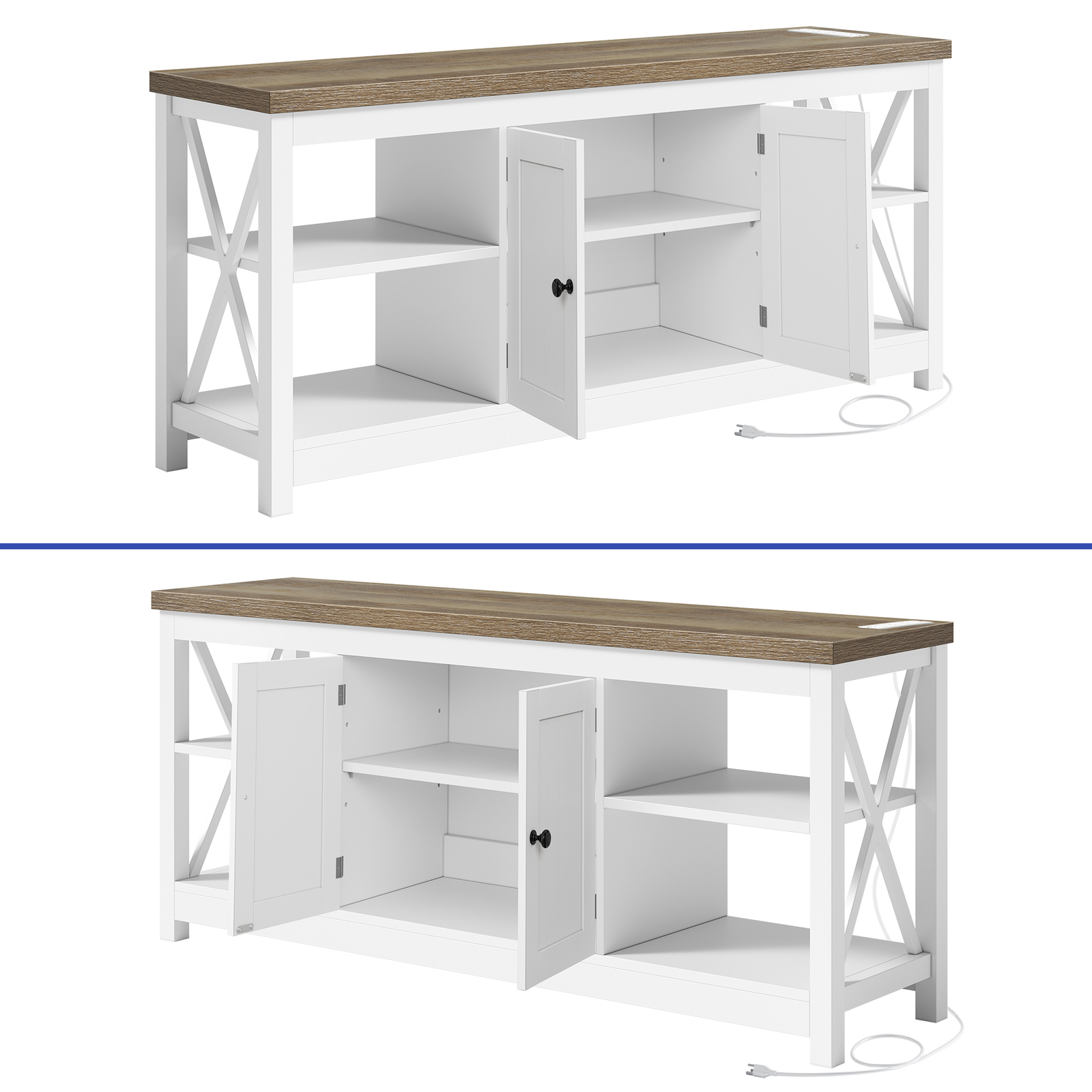 TV Stand Console for 45 to 65 in TVs With Open Shelves Barn Doors Power Outlets