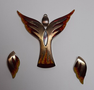 PIERRE LANG Vintage Anhänger / Brosche mit Ohrringen Figur geflügelt Flügel emailliert