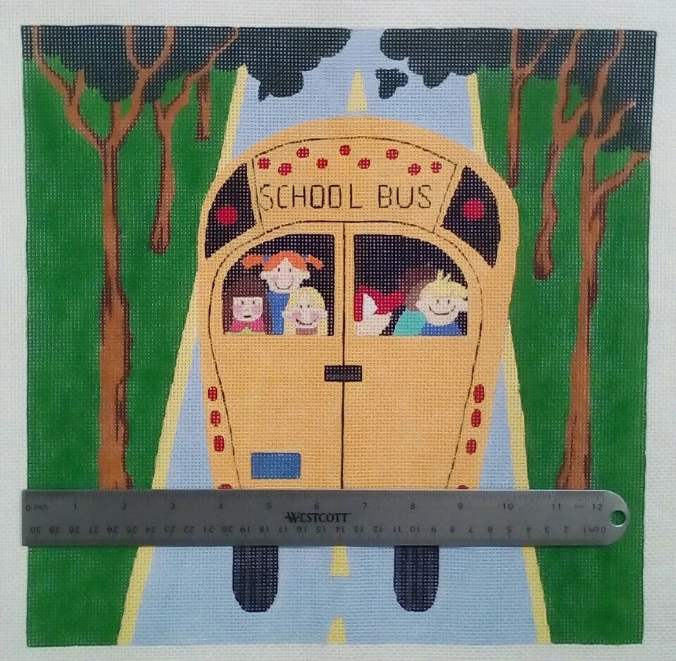 Needlepoint HP handpainted canvas YELLOW SCHOOL BUS kids back window 13"x13" 13m - Image 3 of 4