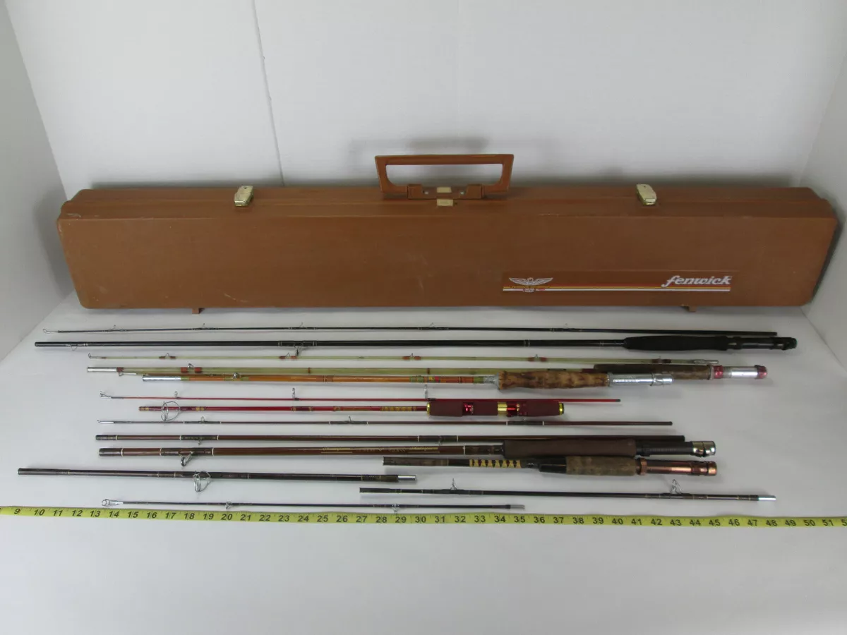 Vintage Fenwick Woodstream Rod Holder Case with Misc Fishing Rods Poles Lot