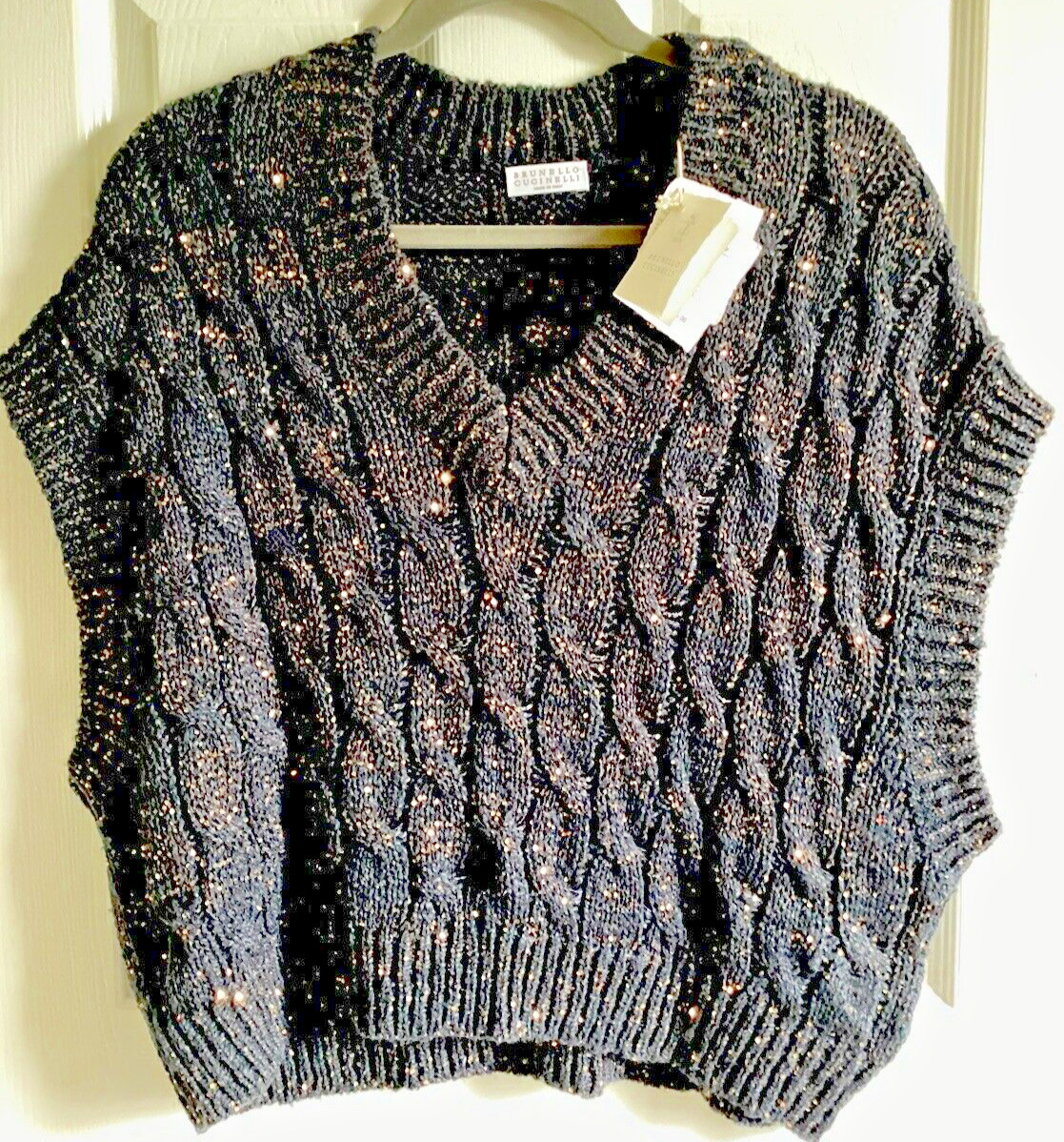 Brunello Cucinelli Women's V Neck, Ribbed Hem, Crochet W/Beautiful Sequins NWT