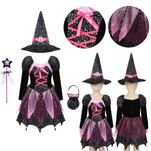 Girls Halloween Witches Hat Fancy Dress Costume Witch Outfit Set Cosplay Party