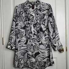 Multiples brand women's black and white geometric semi sheer v neck medium 