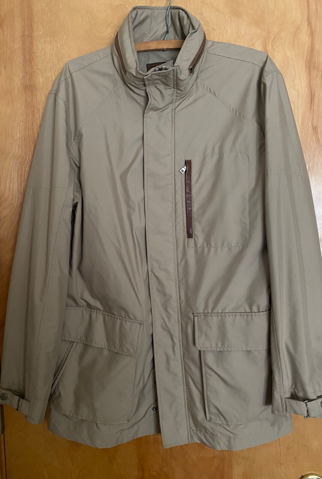 Cole Haan, Cole Haan Mens Vintage Leather Trim Rain Travel Coat Size M Taupe