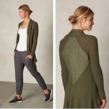 Prana Olive Green Open Front Diamond Cardigan Sweater Med Hemp/Organic Cotton