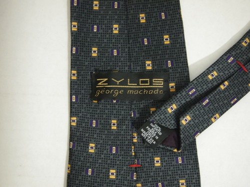 Zylos George Machado Mens Necktie Tie Grey Yellow Geometric 100% Silk 60" - Picture 3 of 4