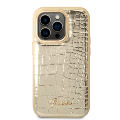 GUESS iPhone 14 Pro Hülle Croco Case Cover Vintage Logo + Innenfutter Gold