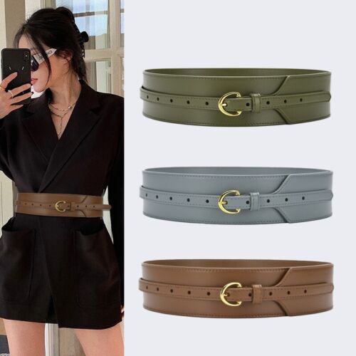 Real Leather Waist Belt Gold Pin Buckle Wide Waistband Fashion Women Dress Belt - Picture 1 of 15
