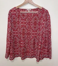 MAX STUDIO Red Floral Jacobean Pleated Bell Sleeve Chiffon Blouse Sz S EUC