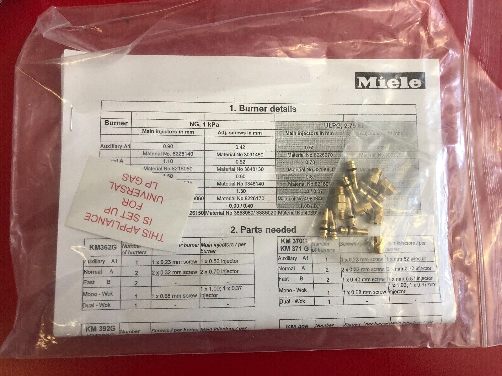 GENUINE MIELE COOK TOP 激安 新作 NATURAL 【★超目玉】 GAS CONVERSION KIT JET LPG KM TO