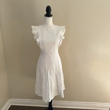 Women's Embroidery Ruffle Trim A-line Dress Round Neck High Waist Midi Dress