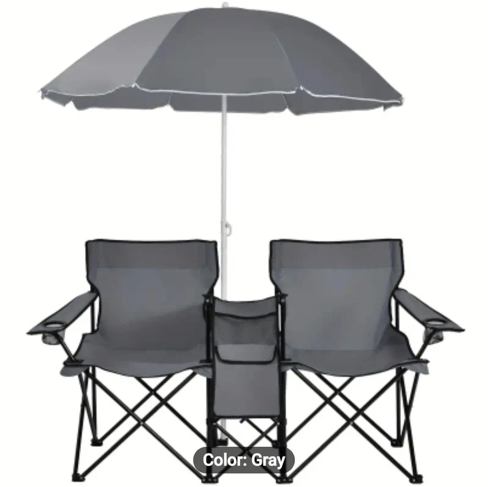 Silla Doble Plegable Portátil Picnic Paraguas Mesa Enfriador Playa Camping Negro Foto 2 de 4