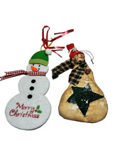 Vintage Handmade Flat Felt Snowman Christmas Ornament One Cloth Stiff Snowman