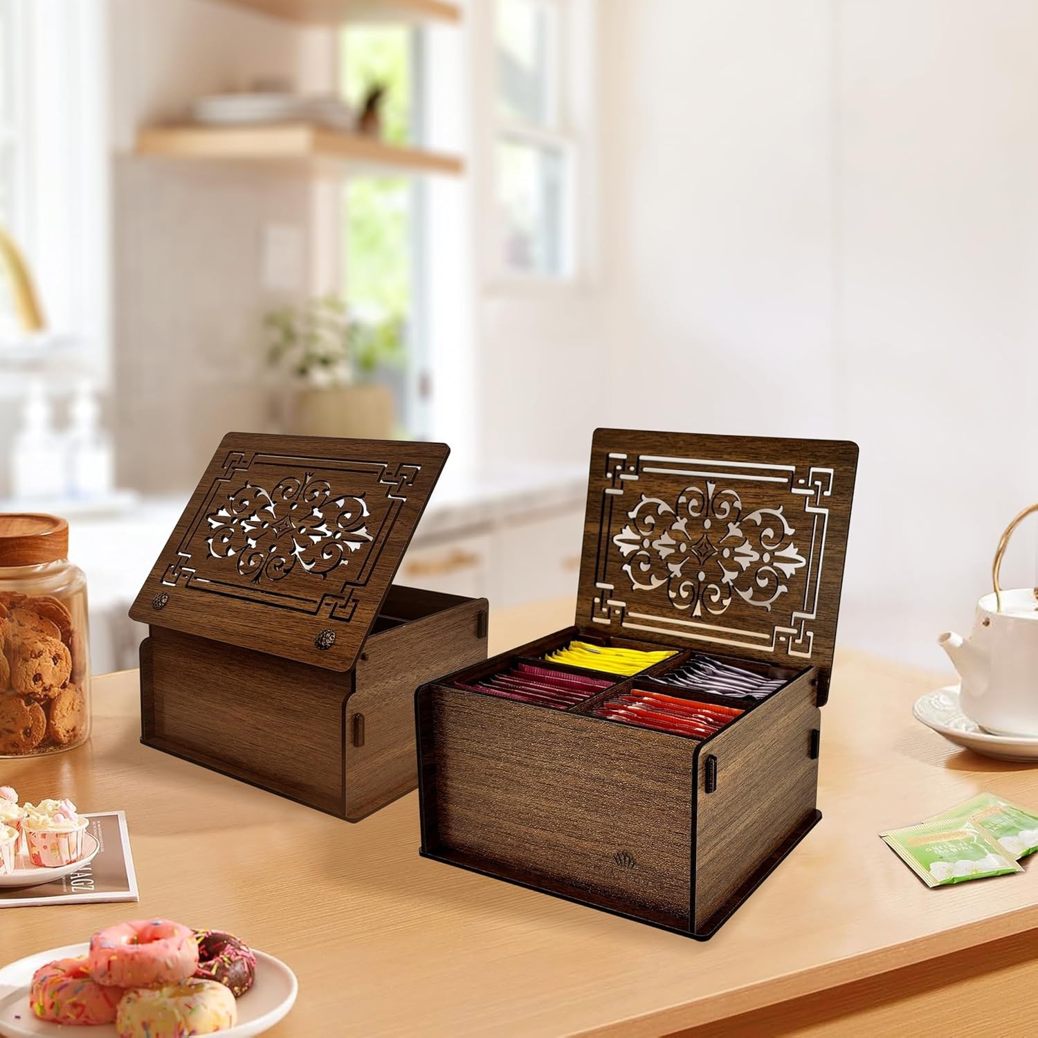 Premium Wood Tea Storage Box Organizer, Bag Holder Brown, Brown