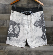 Affliction Board Shorts Mens 33 Gray Black Los Angeles Cross Skull Live Fast MMA