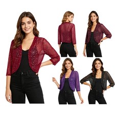 Women Jacket Wedding Guest Bolero Shrug Mesh Cardigan Curved Hem Sheer Mesh