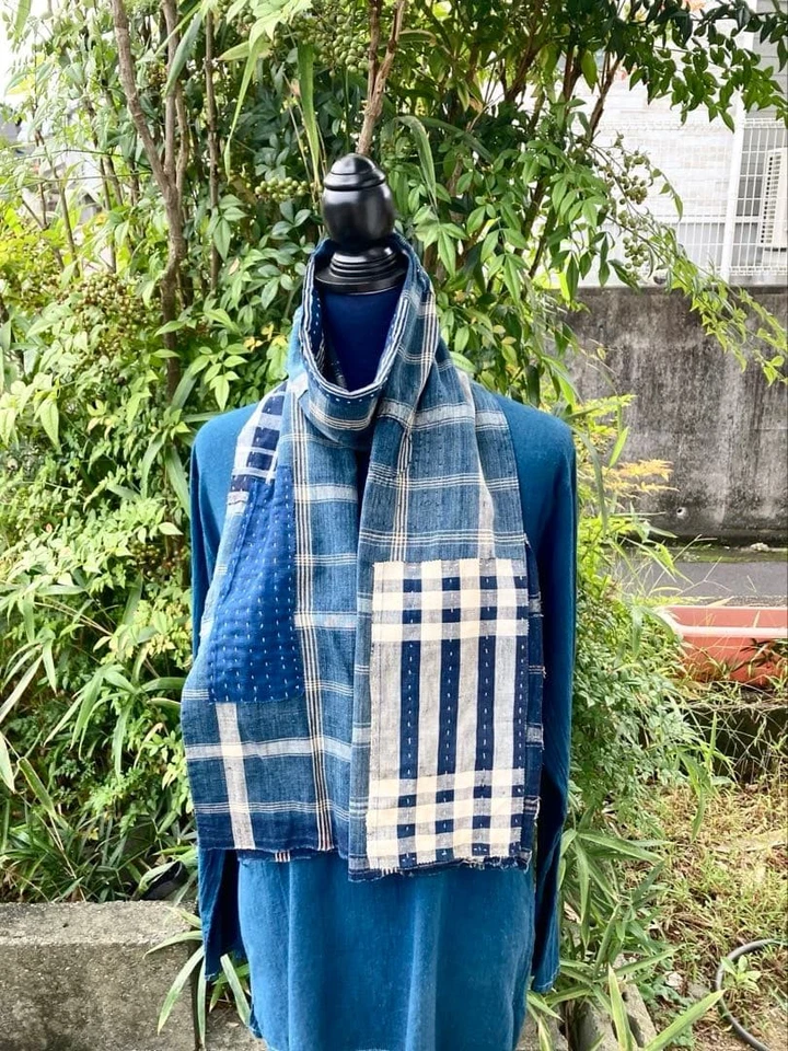 Bufanda de algodón japonesa vintage con retazos Sashiko estola a cuadros boro índigo hecha a mano Foto 2 de 4