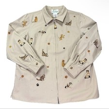 Quacker Factory Vintage Beige Cat Kitten Embroidered Jacket Zip Rare medium