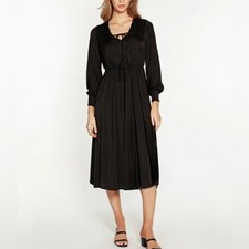 Mango MNG Black Cringe Lined Front Tie Midi Smocked-Waist Dress Size 14