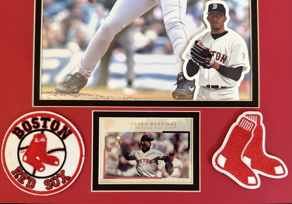 MLB: REDSOX PEDRO MARTINEZ  8x10 PIC In 11x14 MAT W/ CARD, STICKER & TWO PATCHES - Image 3 of 4