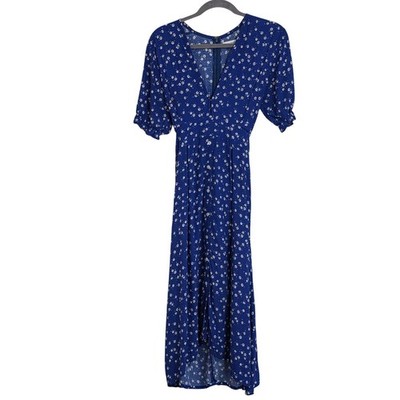 Faithfull The Brand Farah Midi Dress Women mUS 6 Blue Floral V-Neck Puff Sleeve